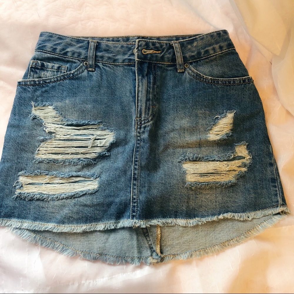 Distressed Medium/Light Wash Denim Jean Skirt
